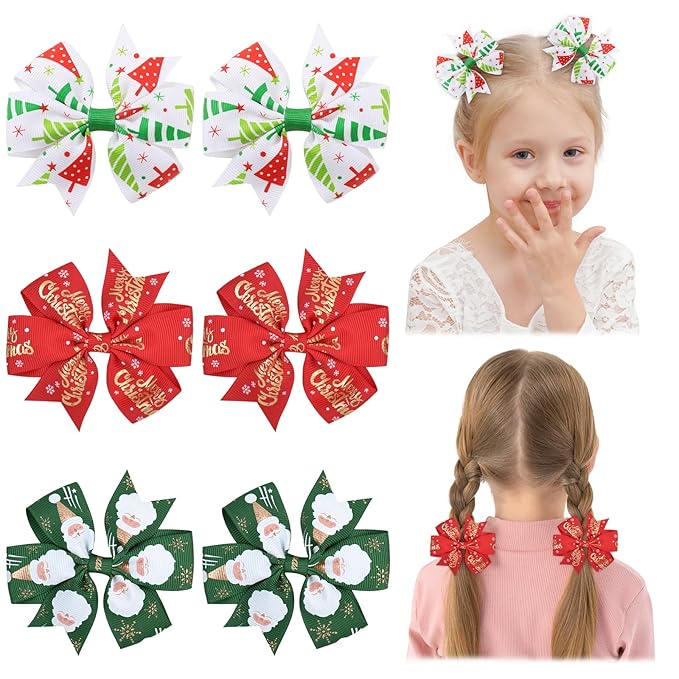Choicbaby Christmas Hair Bows for Girls 3 Inches Red Hair Bows Clips for Toddler Christmas Pinwheel Bows Grosgrain Ribbon Kids Hair Accessories 6 Pack