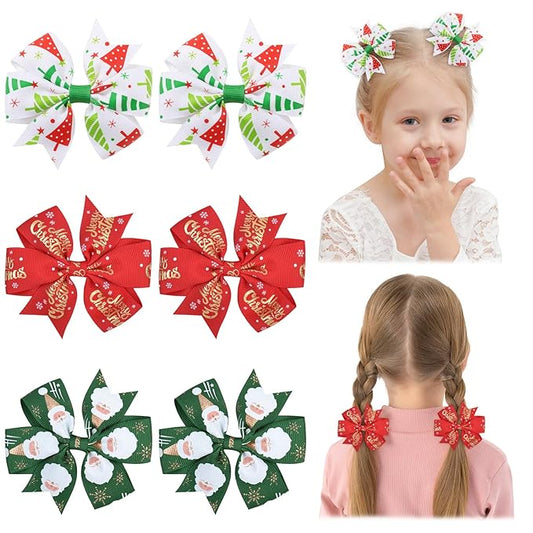 Choicbaby Christmas Hair Bows for Girls 3 Inches Red Hair Bows Clips for Toddler Christmas Pinwheel Bows Grosgrain Ribbon Kids Hair Accessories 6 Pack