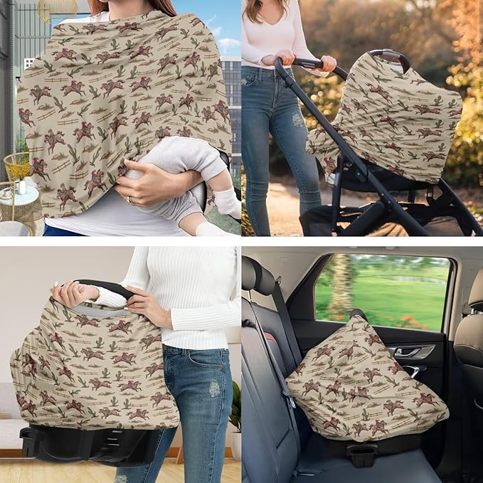 Baby Car Seat Canopy and Nursing Pillow Case Covers Vintage Cactus Cowboy Breastfeeding Protectors Universal Fit Shopping Cart, High Chair, Breastfeeding, Unisex