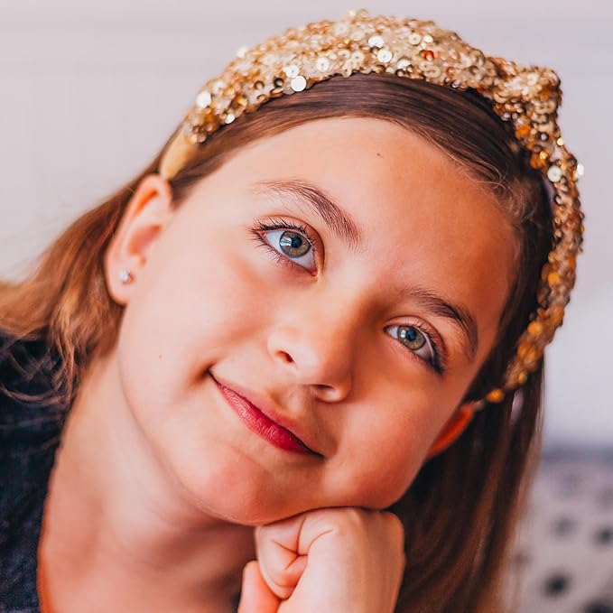 FROG SAC Sequin Knot Headband for Girls - Gold Knotted Head Bands for Kids, Sparkly Little Girl Headbands, Cute Tween Beaded Hair Band Accessories, Easter Basket Fillers Stocking Stuffers