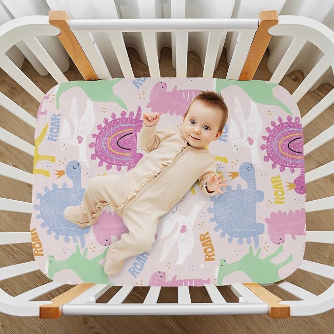 Fitted Crib Sheets Pink Cute Dinosaurs Stretchy Portable Playard Sheets for Baby Toddler, Breathable Soft Mini Crib Mattress 52 x 28 in for Boys and Girls