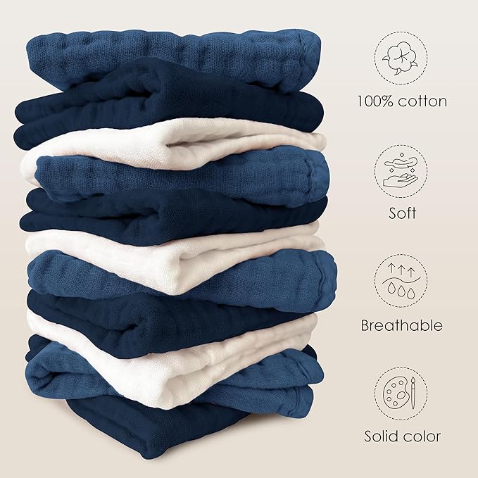 Sunny zzzZZ Baby Muslin Washcloths -100% Cotton Muslin Soft Baby Bath Wash Cloths and Absorbent Burp Cloths for Newborns Kids Girls and Boys -12 Pack, 12x12 Inches - White+Deep Navy Series
