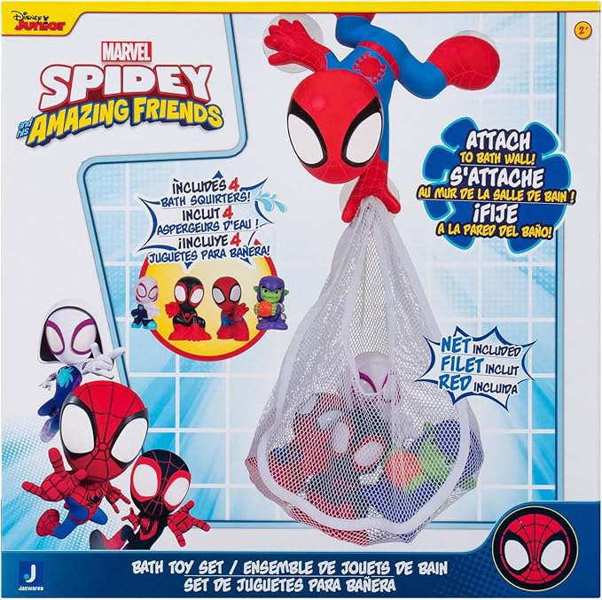 Marvel Spidey and His Amazing Friends Bath Toy Set - Spidey Wall Mount with Web Net and Four Bath Squirters