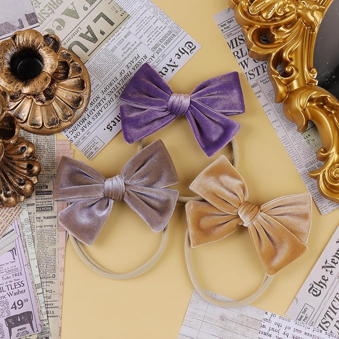 4'' Baby Velvet Gloss Bows Handmade Headbands Tied Bow Elastic Nylon Hair Accessories for Baby Girls Newborn Infant 3 Pcs Purple Turmeric Brown