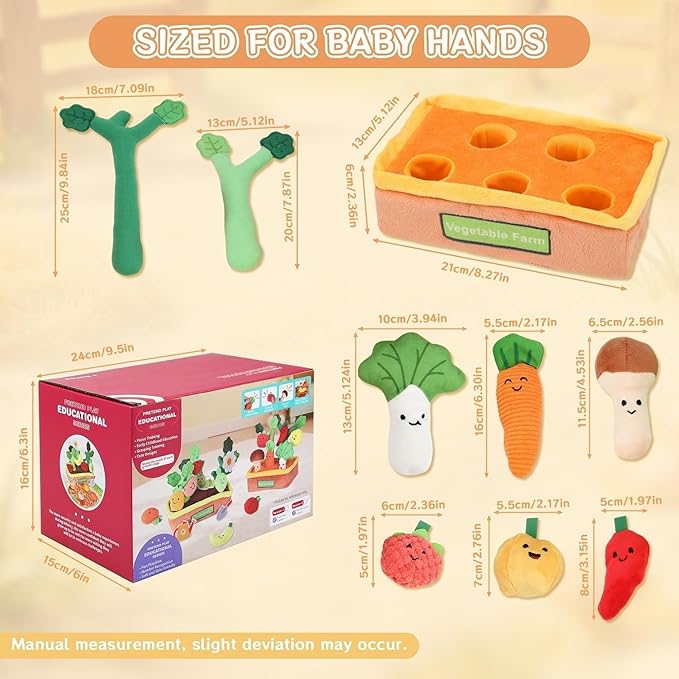 Baby Sensory Toys Plush Fruits and Vegetables, Plush Farm Developmental Toys 6-12 Months for Toddlers with Crinkle Rattle Squeaker Textures, 9 PCS Pull Out Fine Motor Skill Toddler Learning Toys