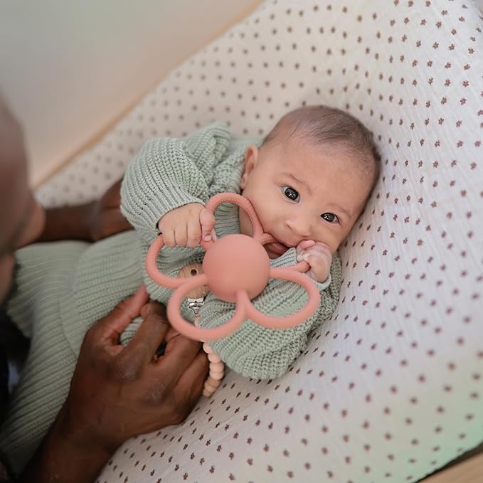 mushie Silicone Baby Daisy Rattle Teether Toy (Dusty Rose)