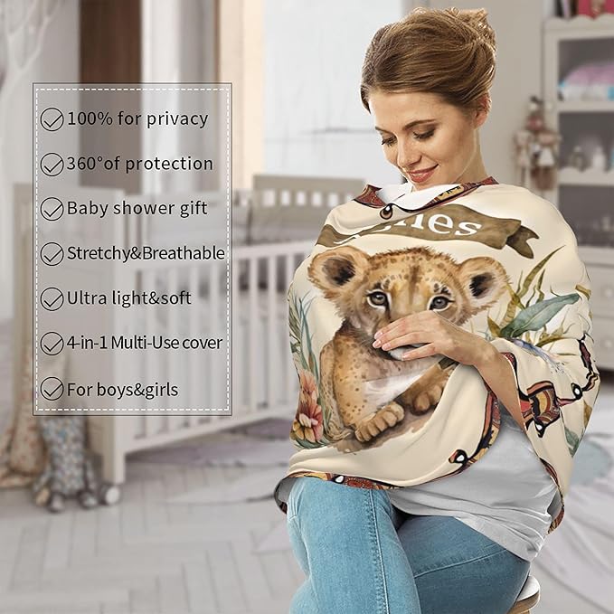Personalized Lion Baby Car Seat Cover with Name,Multi-Use Canopy for Nursing, Strollers,Shopping Carts,Customized Breastfeeding Cover, Full Privacy,Infant Stroller Cover