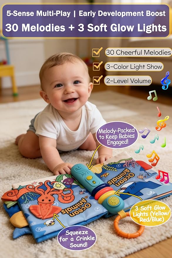 Cloth Books for Babies 0-6-12 Months, Interactive Soft Sensory Toy with Lights, Sounds & Music, Bite-Proof Educational for Newborns, Infants & Toddlers 0-3 Years (Forest Animals)