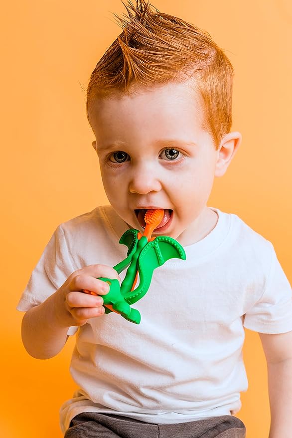 Baby Banana® Dragon Training Teether Toothbrush for Babies and Toddlers, Flexable Silicone with Soft Bristles for Soothing Gums and Cleaning Teeth, Family-Owned Business, Made in USA