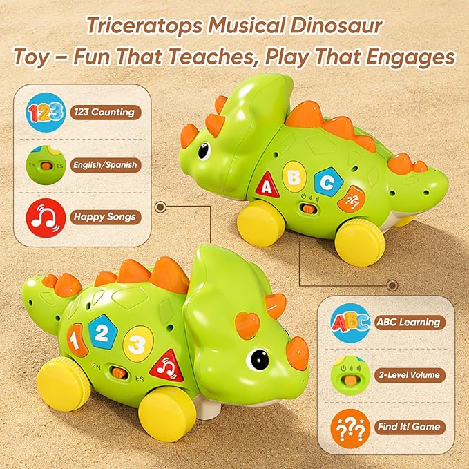 Dinosaur Baby Musical Toys, Dinosaur Tummy Time Toy with Musical for Kids, Early Learning Educational Crawling Toys Gifts for Toddlers Ages 1-3.