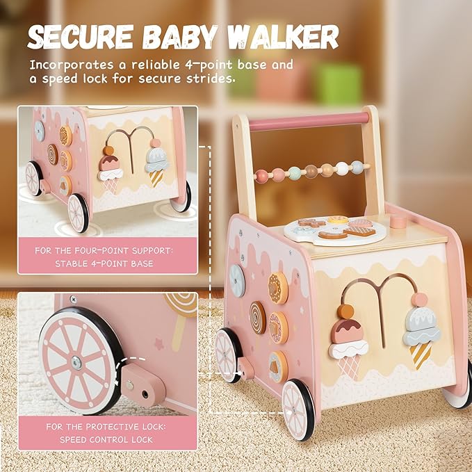 Wooden Baby Walker, Multifunctional Ice Cream Cart Activity Toy for Learning to Push Walk with Wheels, Pretend Playset Ideal for Toddlers, Boys and Girls Ages 18-36M