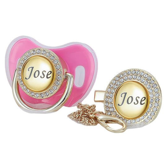 Custom Name Bling Pacifier & Clip Set – Personalized Binky for Baby Shower, Newborn Keepsake for Photos (Pink)