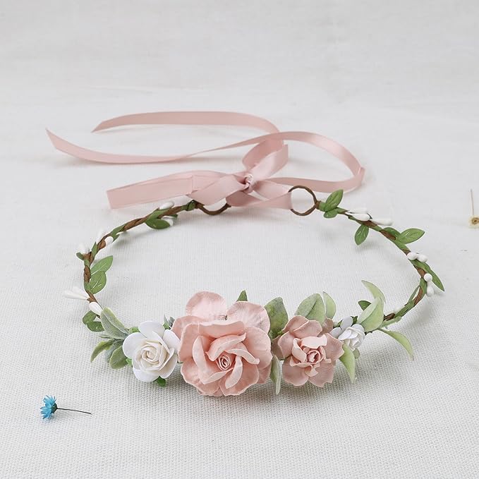 Flower Girl Flower Crown Pink Baby Girls Floral Headpieces Kids Headband Children Hair Wreath Photo Prop (Blush & White-Child Size)