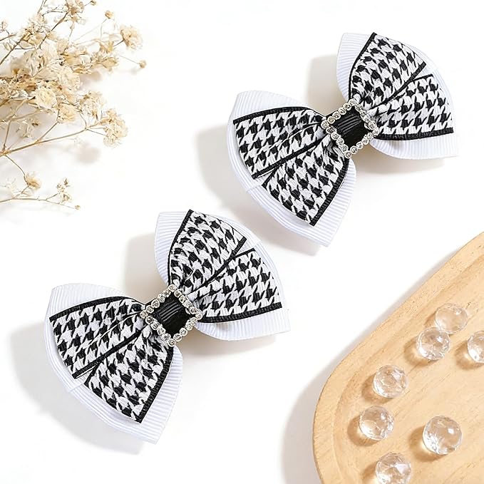 2PCS Baby Girl Dog Gift Wrap Hair Bow Clips Barrettes Houndstooth Hair Bow Clips with Rhinestone Buckle Black and White Fabric Bow Hair Accessories for Little Girls Toddler Kids Teens