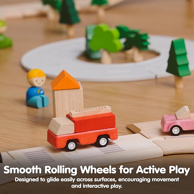 PlanToys® Fire Truck Wooden Montessori Vehicle Toy | Early Movement, Imagination and Practical Life Exploration | Eco Friendly Fire Rescue Truck for Indoor and Outdoor Play