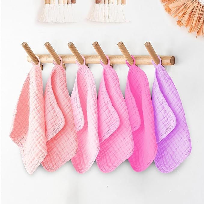 Ease Cubs 12 Pack Muslin Washcloths for Baby - 100% Cotton Baby Wash Cloths for or Baby Face Body Comfy and Soft for Newborn Infants Kids Girls and Boys - 12"x12" - Pink, Purple and Sakura Series