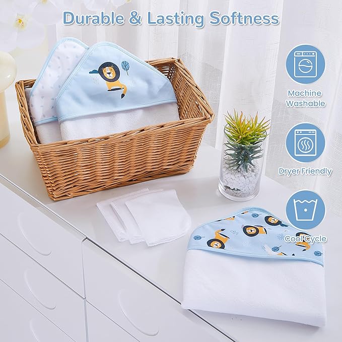 Viviland 6 Pcs Hooded Baby Towels and Washcloths Set, Super Gentle Bath Towels for Newborn Face & Body, Absorbent Wash Cloth for Infants Boys, Blue-Lion Pattern, 28 x 28 inch