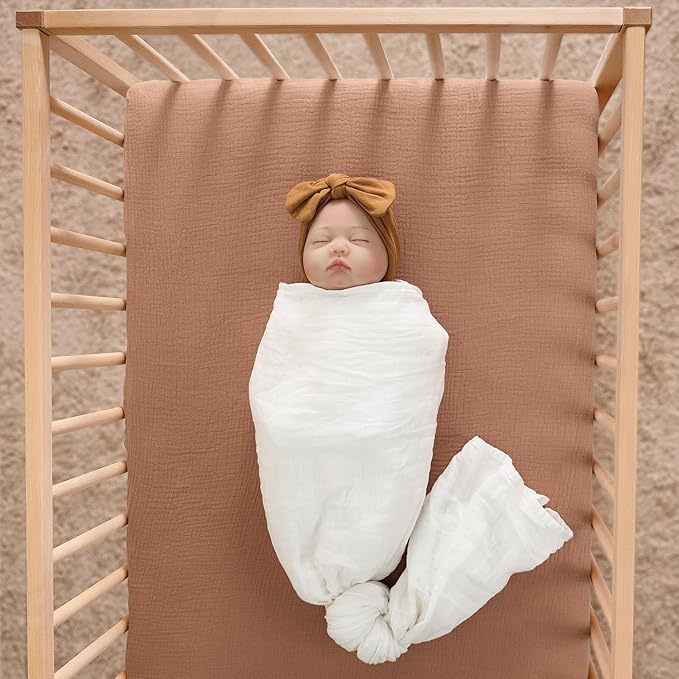Meracorallo Muslin Mini Crib Sheet, Pack n Play Fitted Sheet, Soft and Breathable Pack and Play Playard Mattress Sheet for Baby Boys and Girls (Camel)
