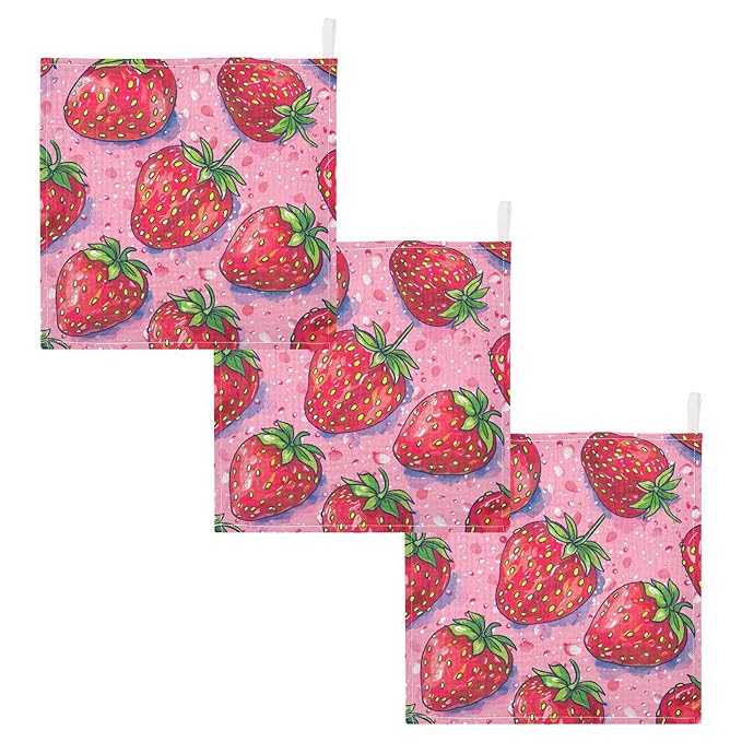 Strawberries Pink Muslin Baby Washcloths, 3 Pack of Cotton Newborn Wash Cloths, Extra Soft & Ultra Absorbent Baby Towels, 12 X 12 in