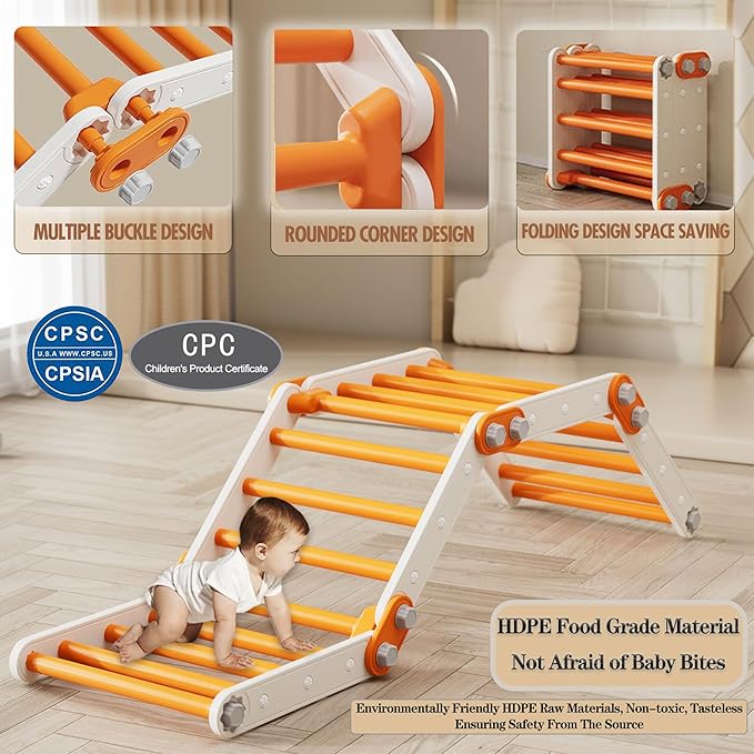 Slide Compatible Toddler Climbing Toys,Kids Pikler Triangle Set,Multifunction Foldable Indoor Kids Gym(Orange)