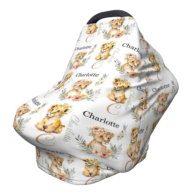 Personalized Lion Baby Car Seat Cover with Name,Multi-Use Canopy for Nursing, Strollers,Shopping Carts,Customized Breastfeeding Cover, Full Privacy,Infant Stroller Cover