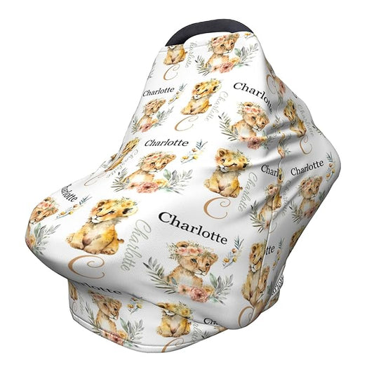 Personalized Lion Baby Car Seat Cover with Name,Multi-Use Canopy for Nursing, Strollers,Shopping Carts,Customized Breastfeeding Cover, Full Privacy,Infant Stroller Cover