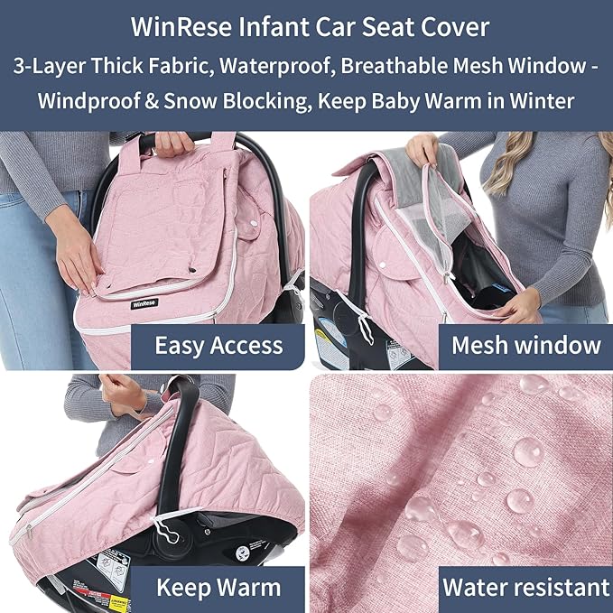 Baby Car Seat Cover - 3-Layer Thick Fabric, Waterproof, Breathable Mesh Window - Windproof & Snow Blocking, Keep Baby Warm in Winter - Universal Fit for Infant Car Seat and Carrier - (Pink)