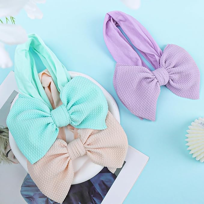 Big Bows Headbands for Baby Girls - Waffle Large Hair Accessories, Infant Toddler Headwrap 3 Pack Purple Ivory Light Blue