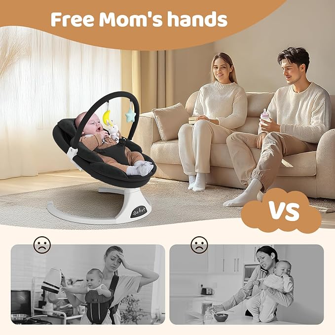 Electric Baby Swing with Remote Control - 5 Natural Motion Speeds, Detachable Seat Pad | Portable Infant Swing for Indoor/Outdoor Use (0-6M, 20lbs) (Black)