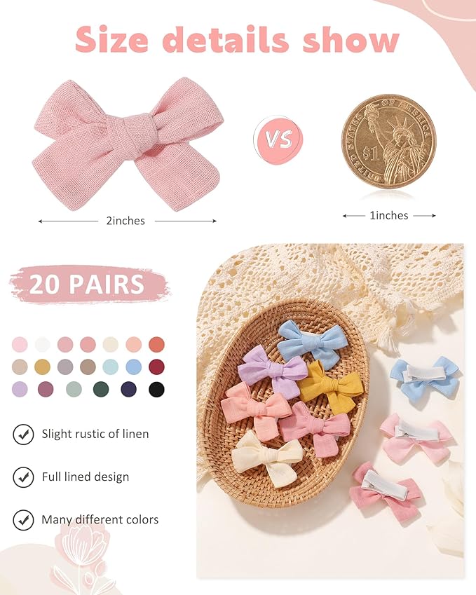 jollybows Mini Lined Hair Clips Bows for Babies, Infants, Toddlers, Girls and Teens - 40pcs 2" Tiny Barrettes