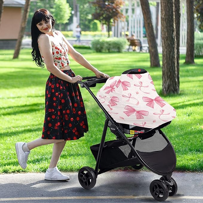 Burbuja Car Seat Cover for Baby, Lovely Bow Car Seat Canopy Nursing Cover for Breastfeeding, Multi-use Car Seat Cover for Infant Newborn Stroller Carrier Shopping Cart
