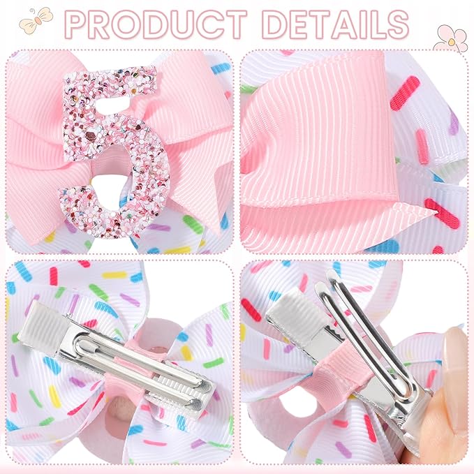 Birthday Hair Bow Hair Clips for Girls 1 2 3 4 5 6 Years, Baby Girl Accessories Bow Birthday Decorations, Pink Baby Girls Ice Cream Hair Bows Clips for 5th