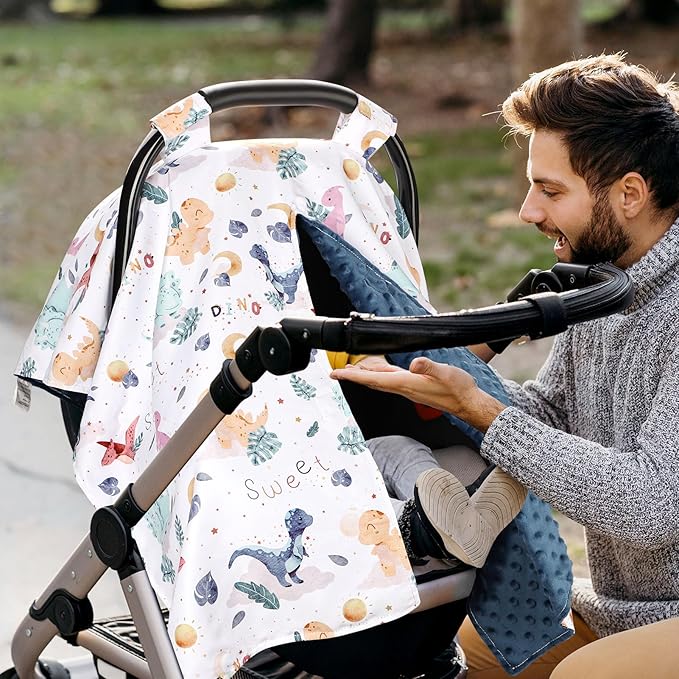 Baby Car Seat Cover for Boy, Minky Warm Winter Car Seat Covers for Babies, Peekaboo Opening Infant Car Seat Cover, Nursing Cover Carseat Canopy, Cute Dinosaur