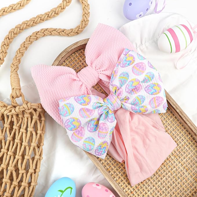 6” Easter Baby Bows Rabbit Egg Bows for Girls Newborn Easter Bunny Ears Hairbands Elastic Nylon Bows Headbands Easter Hair Accessories Pink White Blue