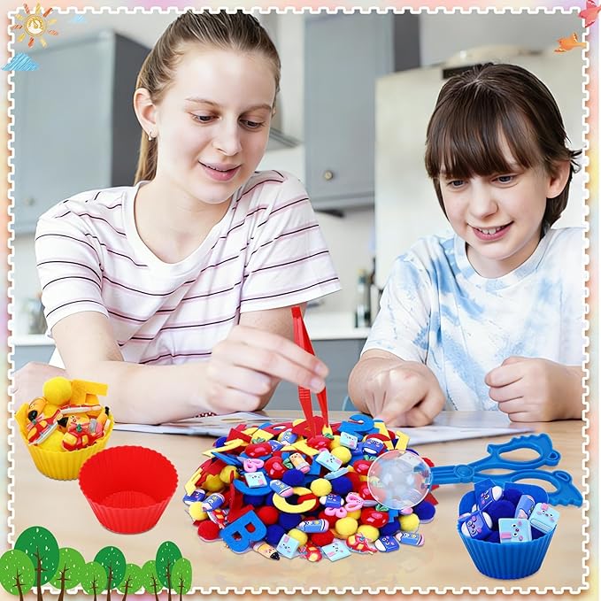 Sensory Bin Filler Set with Pom Poms, Sensory Bin Fillers for Fine Motor Development Counting and Sorting for Fine Motor Skills, Back to School Learning Activities