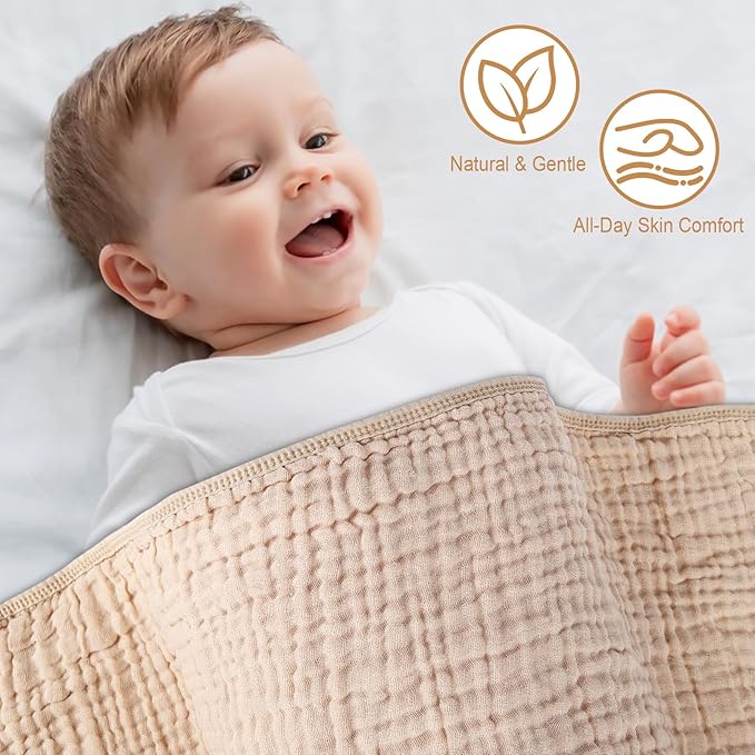 2 Pack Baby Hooded Bath Towel Muslin Cotton 32x32 Inches Brown and Misty Blue Neutral Style Elegant Colors Ultra Soft Absorbent