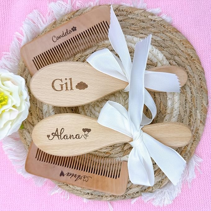 Personalized Custom Baby Brush and Comb Set for Newborn, Wooden Baby Comb, Preventing Cradle Cap, Natural Goat Bristles Brush, Gifts for Baby Shower