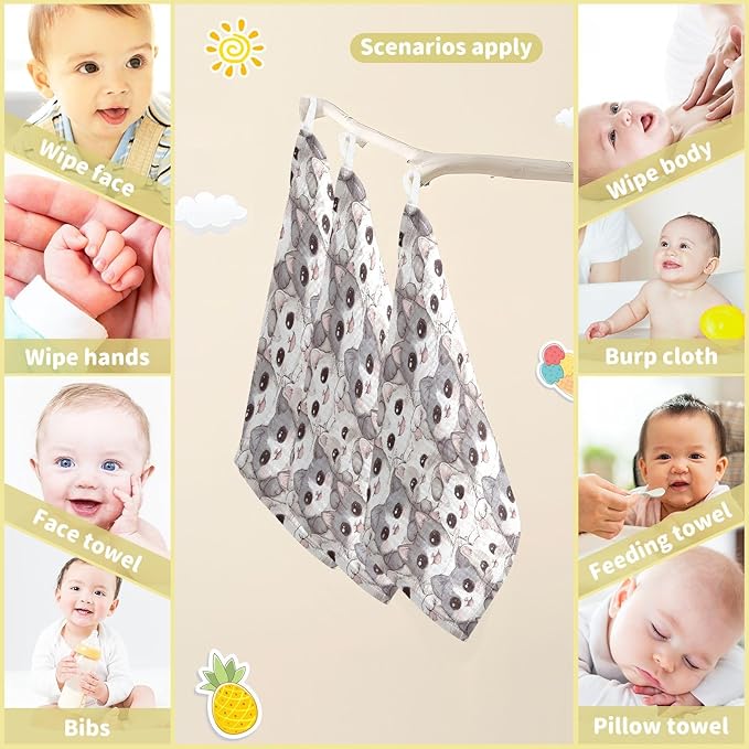 Cute Cats Baby Washcloths Newborn Muslin Burp Cloths 3 Pack Soft Cotton Baby Face Bath Towel Drool Bibs for Infants, Girls and Boys 11.8 x 11.8 Inch