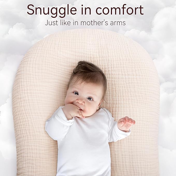 Muslin Baby Lounger Cover 1 Pack, Cotton Soft Breathable Infant Nest Slipcover, Envelope Closure, Compatible with Snuggle Me Loungers, Machine Washable, Cover Only, for Boys Girls(Beige)