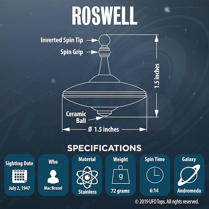 UFO Tops - Roswell - Metal Spinning Top - Inspired by The Documented 1947 UFO Sighting in Roswell, New Mexico (Color: Psychedelic Steel)