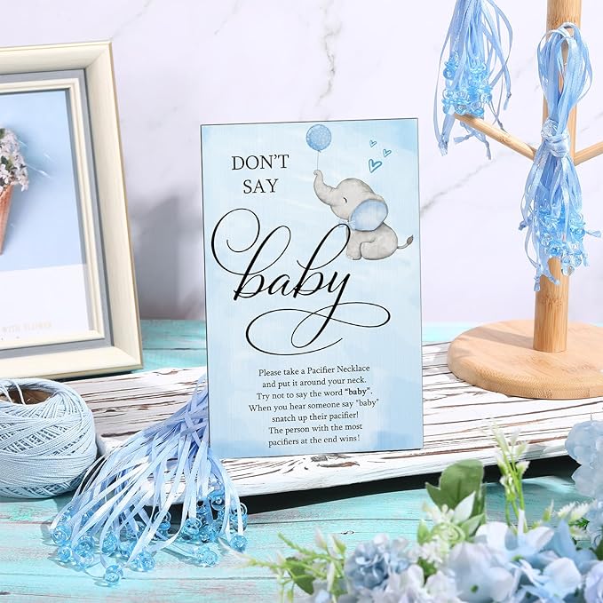 Geetery 51 Pcs Don't Say Baby Game Sign Cool Baby Shower Game 50 Pacifier Necklace Wooden Don't Say Sign Plastic Pacifier Party Favor for Gender Reveal(Elephant,Blue)