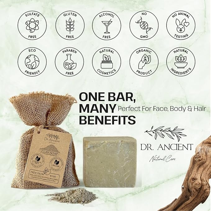 Dr.Ancient Clay Soap Bar, Organic Soap Bars Handcrafted the Traditional Way, Natural Chemical-Free, Vegan, Used for Face Wash, Body Wash, Hand Cleansing and Skin Care, Gentle Exfoliating Cleanser