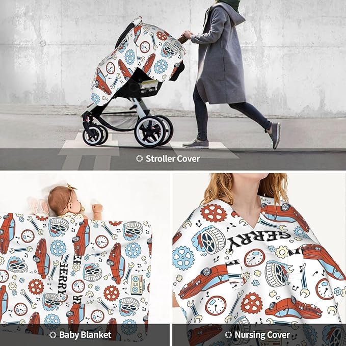 Personalized Baby Car Seat Canopy for Babies with Name, Custom Red Car Stroller Car Seat Covers for Boys Girls, Nursing Carseat Cover for Breastfeeding, Car Seat Canopies for Infant Newborn