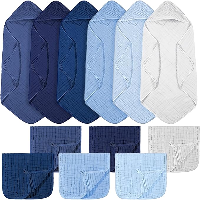 VitalCozy 12 Pcs Baby Muslin Hooded Bath Towels and Washcloths, Muslin Hooded Baby Towels Absorbent Blankets for Gift Newborn Infant Shower (Blue Style)