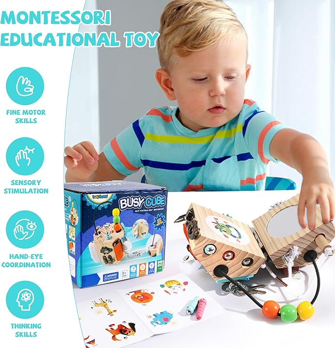 Ark miido Busy Cube for Kids 15-in-1 Sensory Busy Board Travel Toy Handmade Montessori Educational Learning Toys Activity Board Wooden Activity Cubes for Toddlers 1 2 3 4 5 Years Old