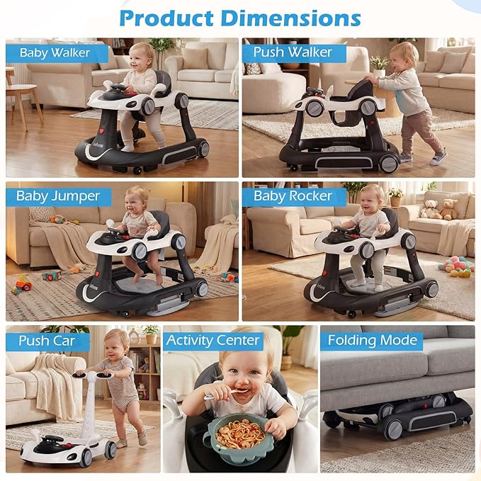 INFANS 6-in-1 Foldable Baby Walker, Converts Push Car to Bouncer, Rocker with Music, Lights, Adjustable Height & Speed, Activity Center, Canopy for 7-18 Months (Dark)