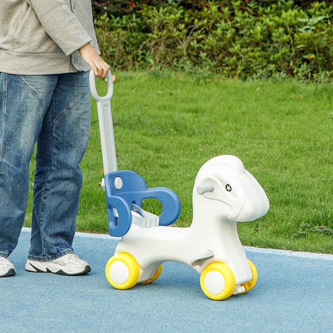 Qaba 4-in-1 Rocking Horse for Toddlers 1-3 Years, Baby Rocking Horse with Detachable Balance Board and Push Handle, Horse-Shaped Ride On Toy with 4 Smooth Wheels, for Baby Girls and Boys, Blue