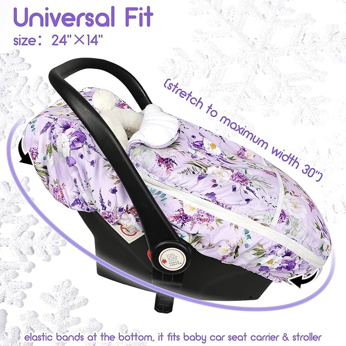 Winter Car Seat Cover Baby Girl Boy, Warm & Windproof Infant Carseat Cover Canopy Protect Baby from Cold Weather, Plush Fleece, Purple Floral