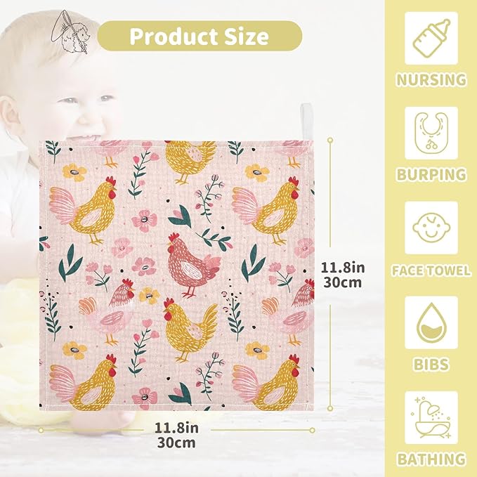 Bolaz Washcloths Set Bathroom Kitchen Wash Cloths Face Towels Wipes Chickens Pink Decorative 12x12 Inch 5 Pack