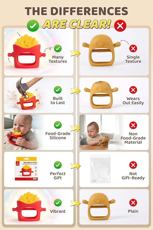 French Fries Baby Teething Toys - Teething Mitten, Baby Chew Toy, Teethers for Babies 3-6 Months and 6-12 Months, Newborn Essentials Must Haves, Parent-Designed by Honey Bun Toys